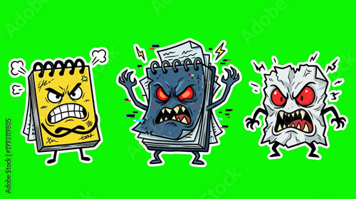 Angry Animated Notebooks Displaying Frustration and Annoyance on Green Background.