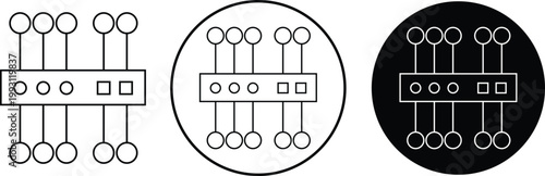 Abstract digital network structure with connected nodes and lines outline icons set. Geometric pattern representing data communication, technology, system architecture and connectivity concepts.