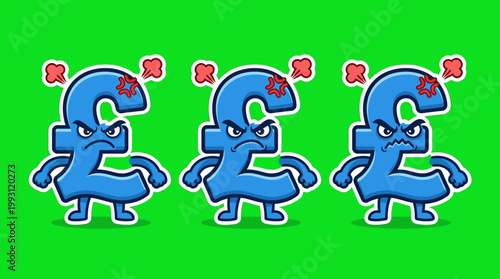 Angry British Pound Sterling Currency Symbols with Expressions on Green Background.