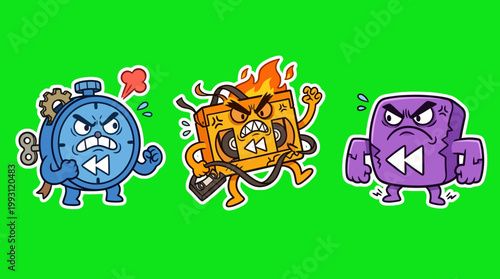 Angry Cartoon Characters - Clock, Cassette, and Rewind Button on Green.