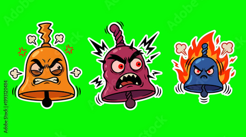 Angry Cartoon Bells Displaying Various Emotions on Green Background.