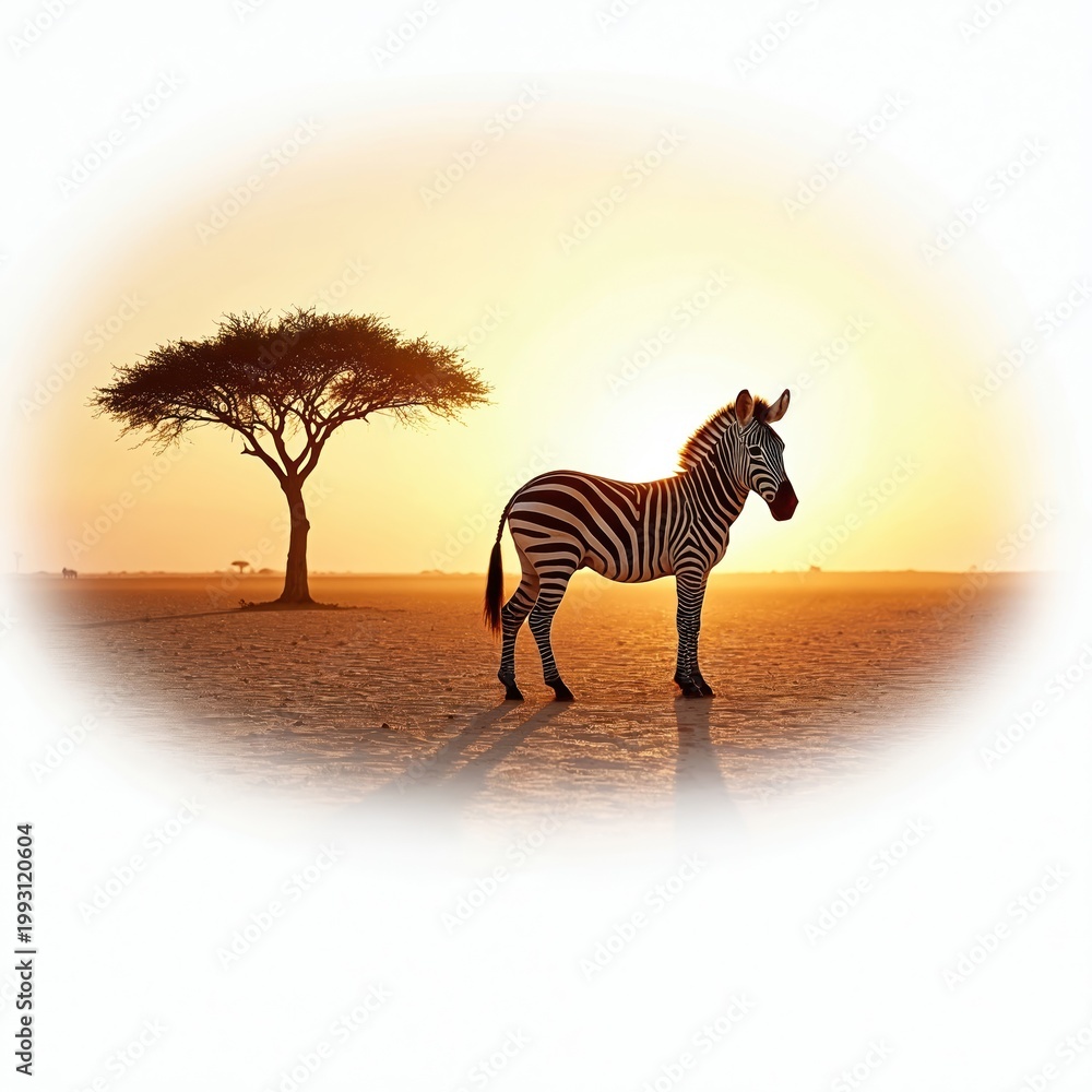 Fototapeta premium Zebra stands on dusty plain near acacia tree during golden sunset. Animal displays black and white stripes in African savanna landscape. Wild fauna awaits nightfall.