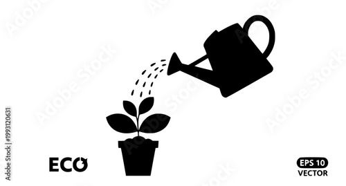 Blue Watering Can and Potted Plant Vector Illustration