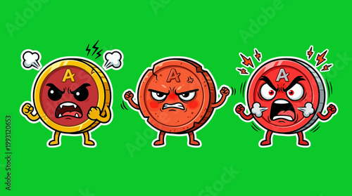Angry Cartoon Characters with Expressions and Emotions on Green Background.
