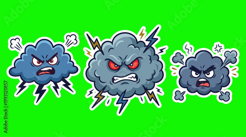 Angry Cartoon Clouds with Lightning Bolts on Green Background.