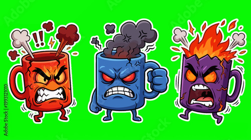 Angry Cartoon Coffee Cups with Steam and Fiery Expressions.