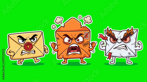 Angry Cartoon Envelopes Expressing Frustration and Annoyance on Green Background.