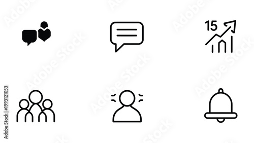 Essential Icons for Communication and Data: A set of six clean, simple icons representing key aspects of digital interaction, including chat bubbles, a line graph, a person.