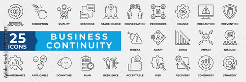 Business Continuity Icon Set Collection. Containing Business, Disruption, Quality, Response, Stakeholder, Conversation, Procedure, Finance, strategy and more. Simple Line Vector Illustration.