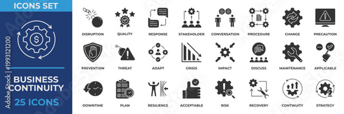 Business Continuity icon set collection in glyph Solid style, an icon pack contain business, strategy, conversation, prevention, crisis, impact, risk, finance and quality . Vector Illustration.