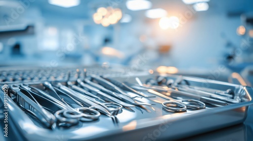 Sterile surgical instruments on metal tray in modern operating room, close up with shallow depth of field and blue clinical lighting, medical background.