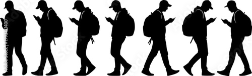 Collection of black vector silhouettes showing walking men with backpacks and caps, looking at phones, isolated on white background.
