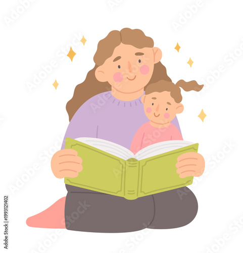 Mother and daughter read a book sitting on  the floor. Woman and child with fairy tale book. Cute flat vector illustration. Parent instills a love of reading