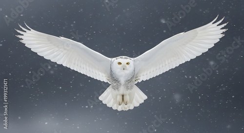 Low angle shot of a Snowy Owl in mid-flight, wings fully spread, bright white plumage contrasted against a dramatic dark grey stormy winter sky, sharp details of wingtip feathers, motion blur on falli