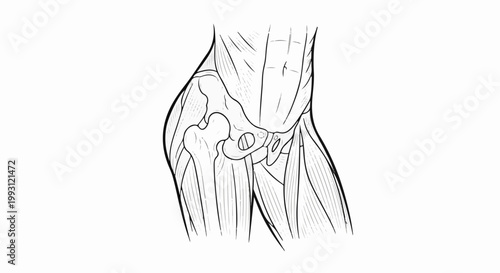 Detailed anatomical sketch of the human hip joint and surrounding musculature