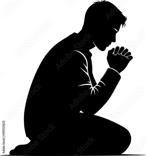 Silhouette of man praying on knees, religious faith concept, asking God for help, spiritual worship vector isolated.
