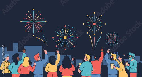 People watching fireworks display over city skyline at night