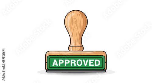Approved rubber stamp with wooden handle on white background