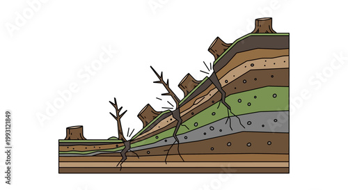 Illustration of a hillside cross-section showing soil erosion and landslide from deforestation