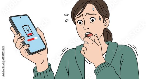 Person Looking at Phone with Low Battery Panic Concept