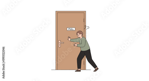 Person Trying to Open Door That Pulls Instead of Push Problem Concept
