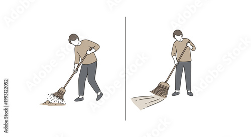 Person Trying to Sweep with Broken Broom Then Using Proper Tool Concept