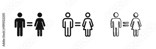 Gender equality icon set with male and female figures in solid outline and hand drawn styles