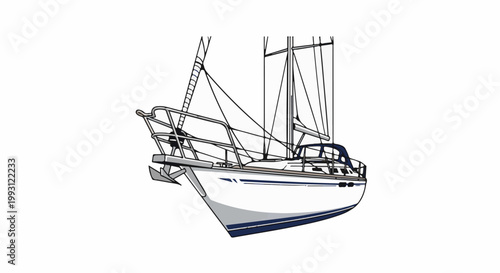 Detailed illustration of a white sailboat with blue trim and an anchor