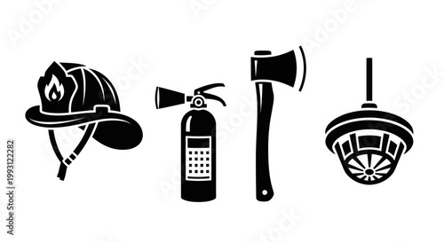 Set of black firefighting equipment icons including helmet, extinguisher, axe and smoke detector