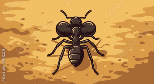 Detailed illustration of a black ant from above against a sandy background