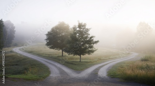 diverging. Symbolic fork in the road landscape with two distinct paths diverging through a natural environment, representing choice and direction. travel magazines.