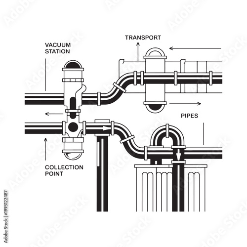 Schematic diagram of a pneumatic tube transport system with labeled components