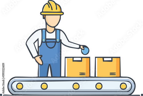 Minimal line icon of worker operating conveyor belt, production line