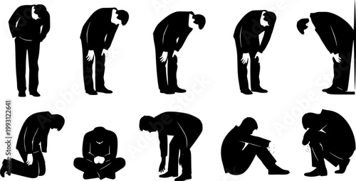 Vector collection of black silhouettes featuring men standing and bending in sad, tired, and depressed poses isolated on white background.
