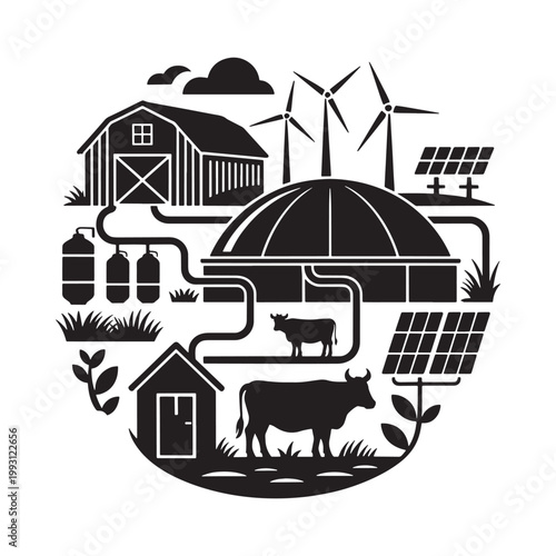 Sustainable farm illustration featuring renewable energy sources and livestock