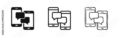 Mobile phone chat message icon set with smartphones in solid outline and hand drawn styles