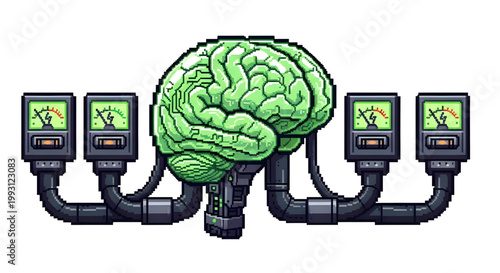 Pixel Art Human Brain Connected to Cables and Meters for Artificial Intelligence Concept