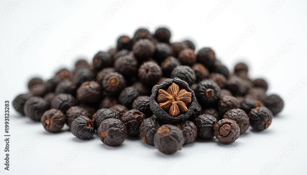 Obraz premium Pile of dried allspice berries and black pepper seeds. One allspice pod cracked open reveals star anise interior. Ingredients for cooking flavorful meals. Macro shot.