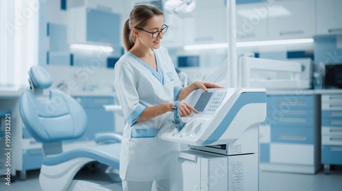 Female dentist using modern dental equipment in bright clinic interior, with copy space for healthcare advertising and dental practice marketing concepts.
