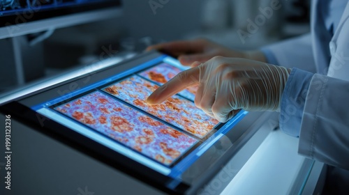 Close up of scientist hands in gloves analyzing cancer cells on digital tablet screen in modern laboratory, medical research and diagnosis concept.