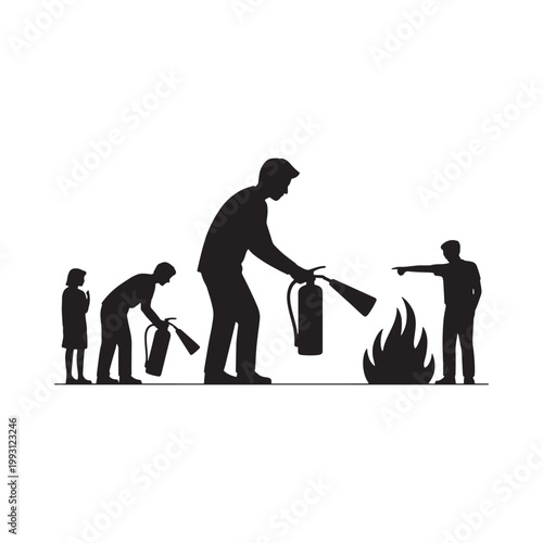 Family using a fire extinguisher to put out a small blaze