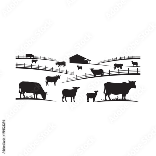 Black silhouette illustration of cows grazing on a hillside farm landscape