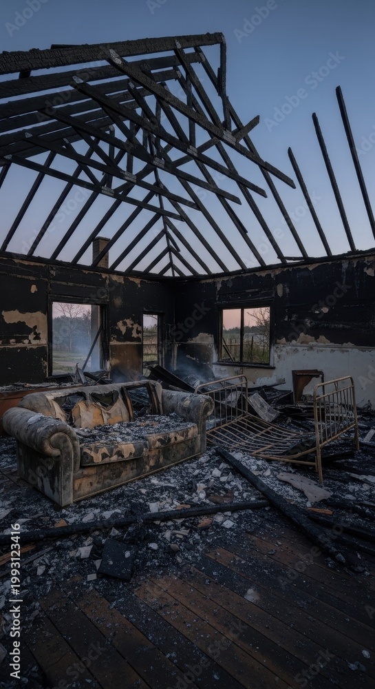 Fototapeta premium Devastating Fire Damage Ruins a Homes Structure.