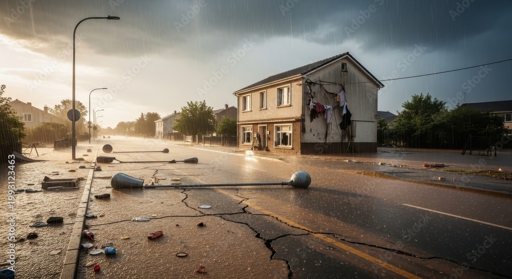 Obraz premium Devastating Flood Waters Engulf Residential Neighborhood Streets.