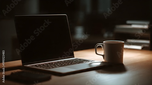 Laptop and Coffee Mug on Wooden Desk at Night.
