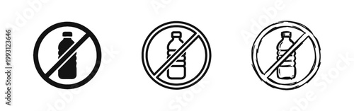 No plastic bottle ban icon set in solid outline and hand drawn styles