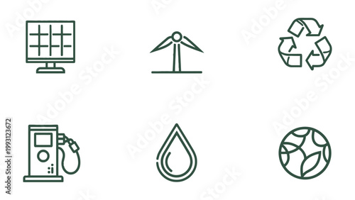 Eco Icons: A collection of minimalist line icons representing key concepts of environmental sustainability, showcasing solar energy, wind energy, recycling, alternative fuels, water conservation.