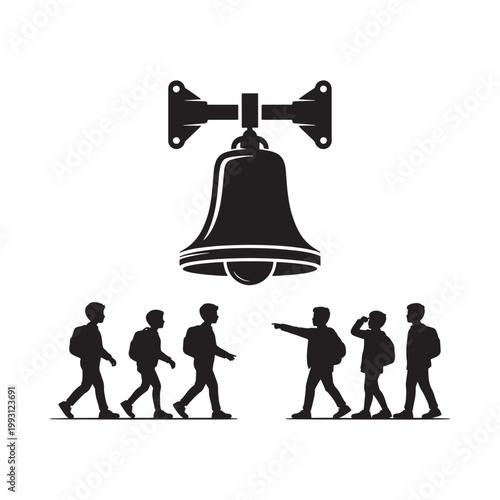 A ringing bell silhouette overlooks a group of walking people