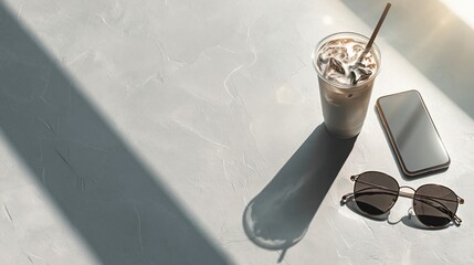 Iced coffee smartphone and sunglasses casting long shadows on light concrete background with copy space for summer lifestyle advertising or social media banner.