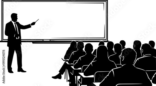 Isolated black vector silhouette of teacher giving presentation to seated audience in classroom with whiteboard, education and business seminar illustration.